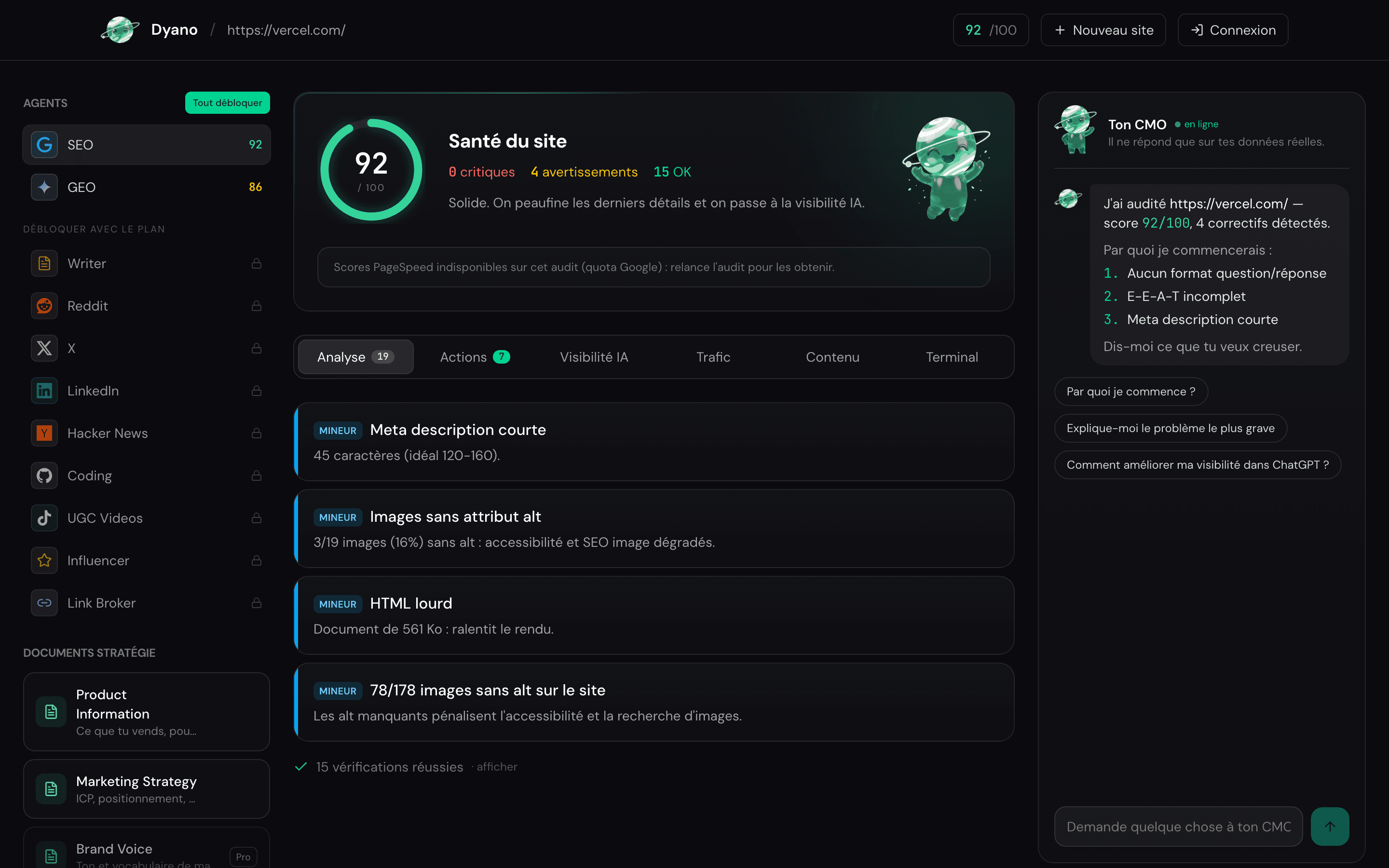 Le dashboard Dyano pendant un audit réel : agents, findings et score du site